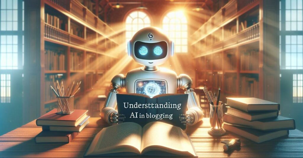 A Robot AI Opening a book and reading in a library, there are books on the table with pencils in pots. Light shinning in from behind.