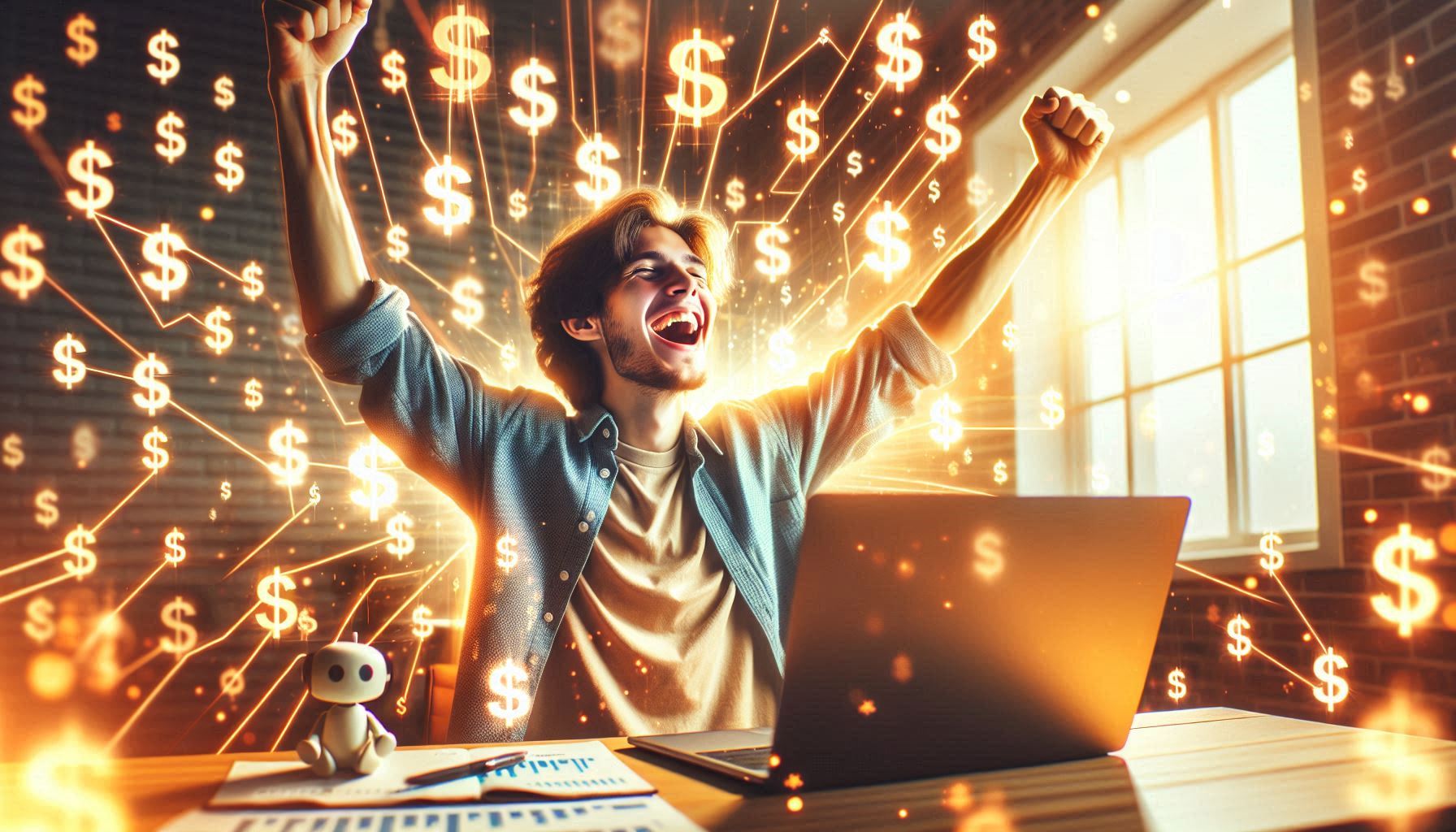 a person sitting at a desk with a laptop, raising their arms in celebration with a backdrop of glowing dollar signs, suggesting a theme of financial success or earning money online.